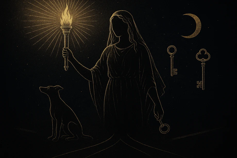 Hecate, Threshold, crossroads, moon magic, night, alchemical engraving silhouette
