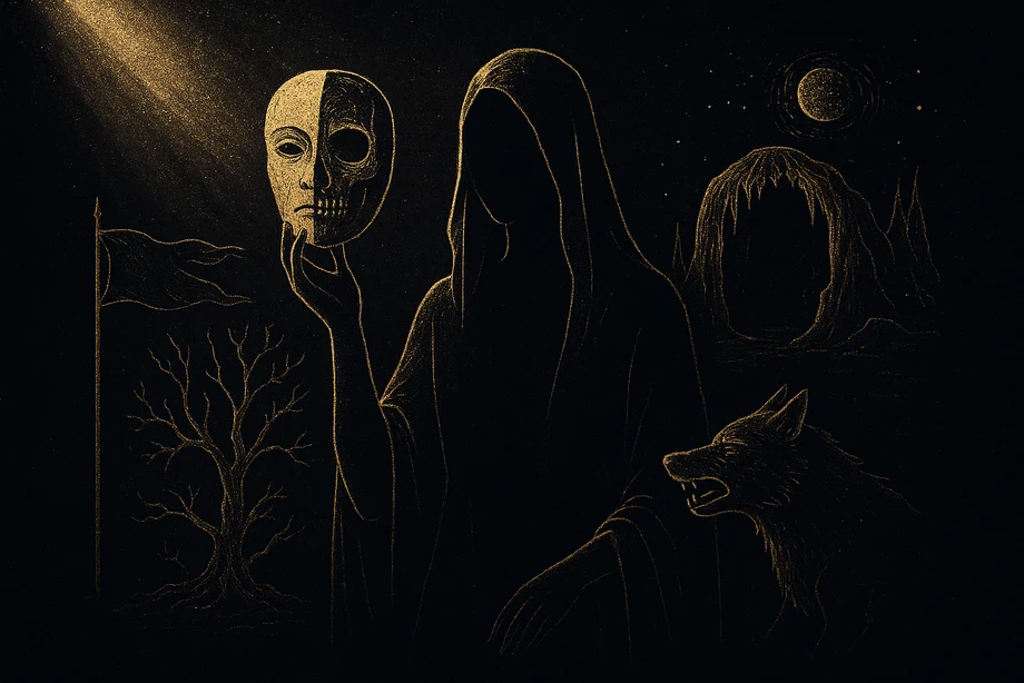Hel, The underworld, the world of the dead, acceptance, alchemical engraving silhouette