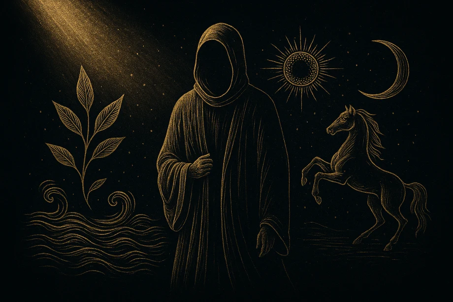 Hizir, The water of life, wishes, the hidden helper, alchemical engraving silhouette