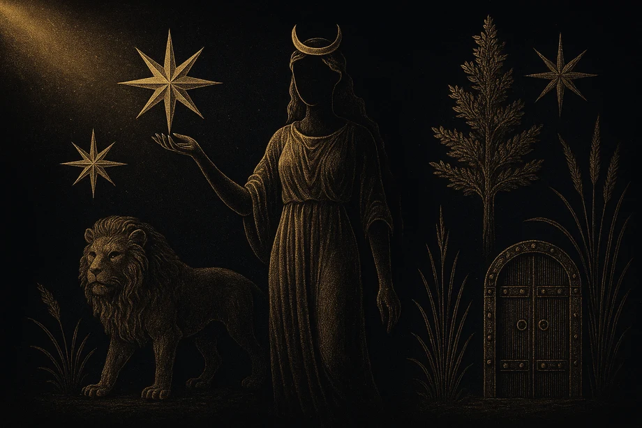 Inanna, Love, war, the planet Venus, alchemical engraving silhouette