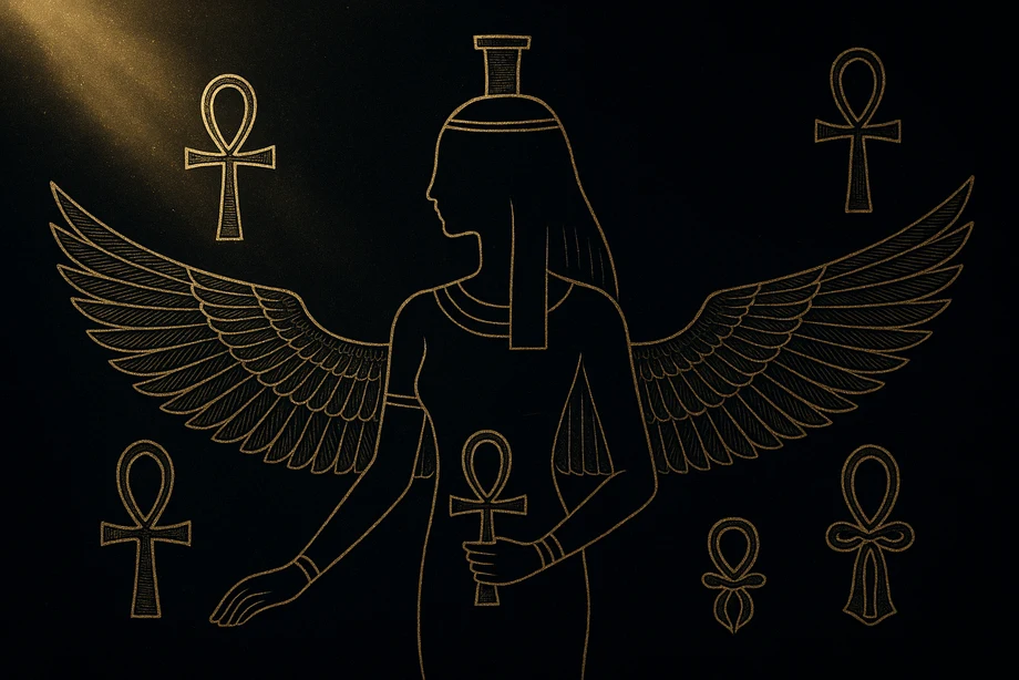 Isis, Mother goddess, magic, protection, alchemical engraving silhouette