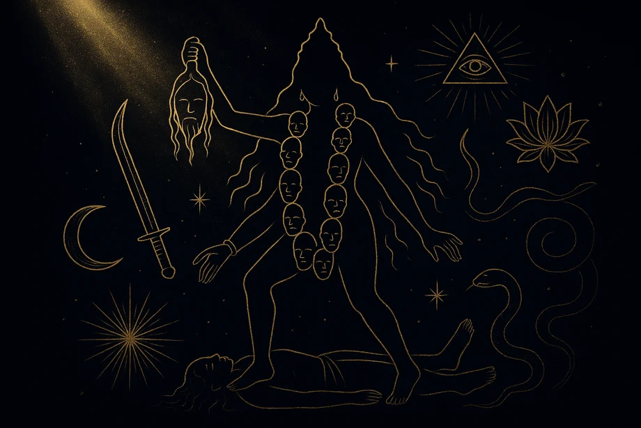 Kali, Time, the closing of the cycle, the dark mother, alchemical engraving silhouette
