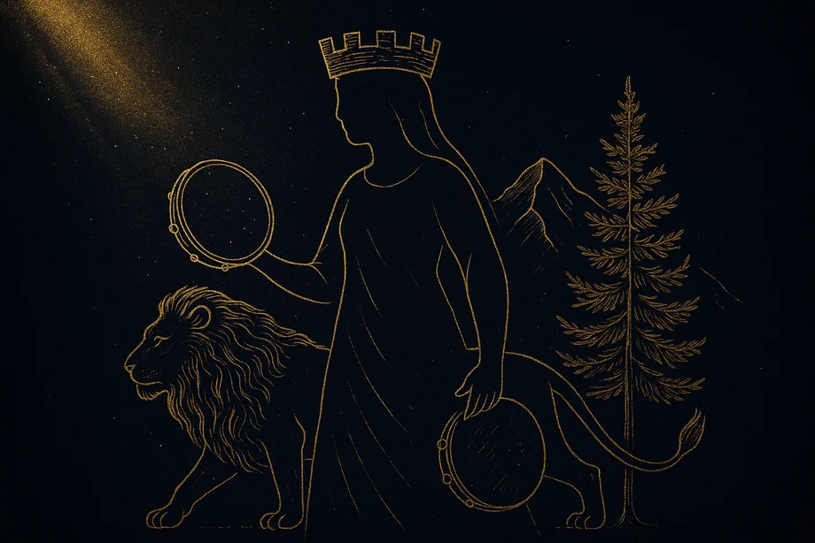 Cybele, Mother goddess, mountain, nature, fertility, alchemical engraving silhouette