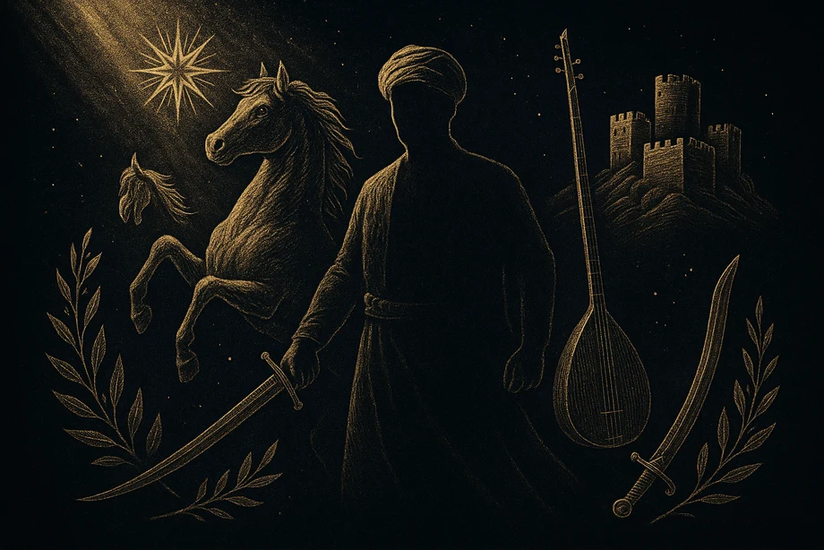 Koroglu, Justice, the common people, revolt, alchemical engraving silhouette