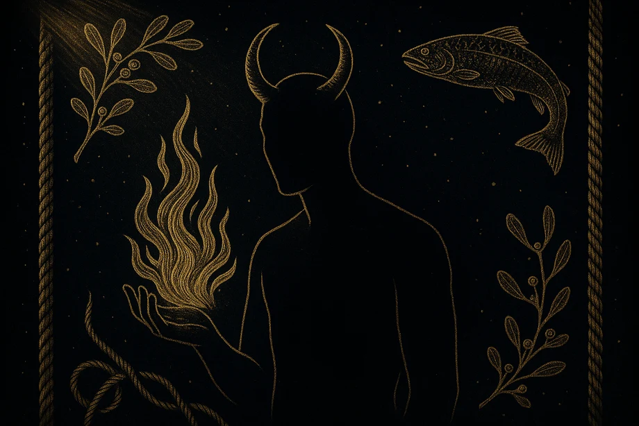 Loki, Trickery, transformation, breaking boundaries, alchemical engraving silhouette
