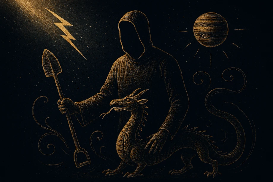 Marduk, Creator, kingship, cosmic order, alchemical engraving silhouette