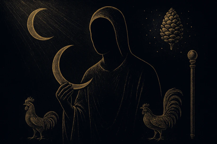 Men, The moon, fate, the measure of the world, alchemical engraving silhouette
