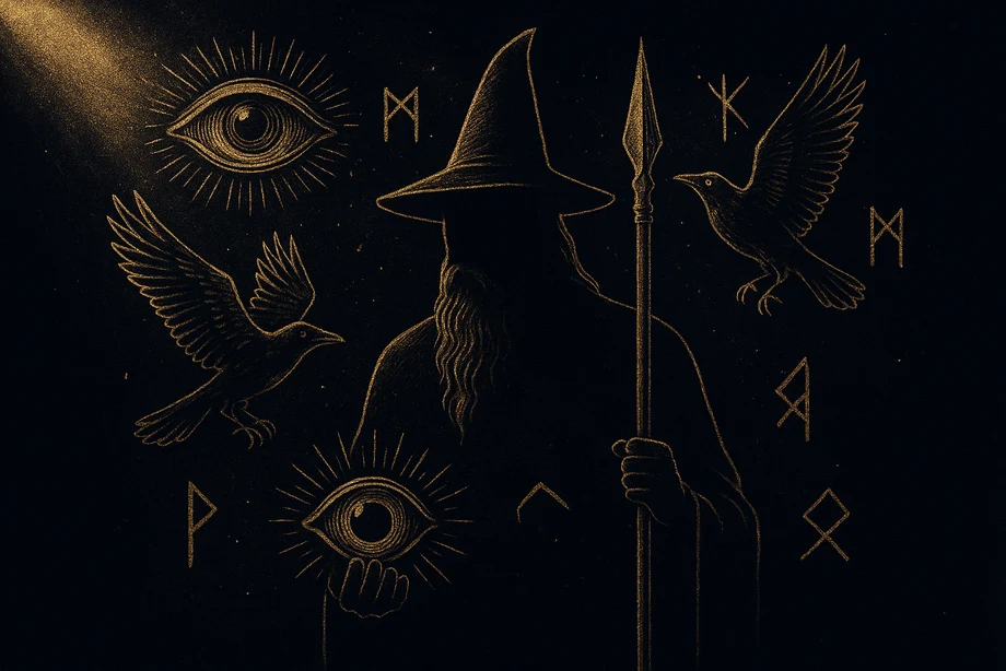 Odin, Wisdom, sacrifice, prophecy, war, alchemical engraving silhouette