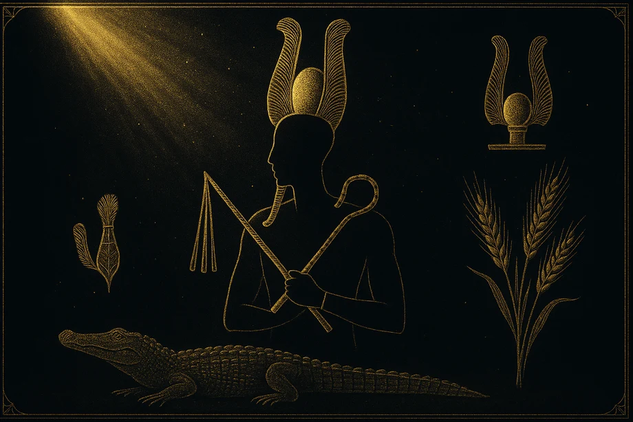 Osiris, The underworld, transformation, rebirth, alchemical engraving silhouette