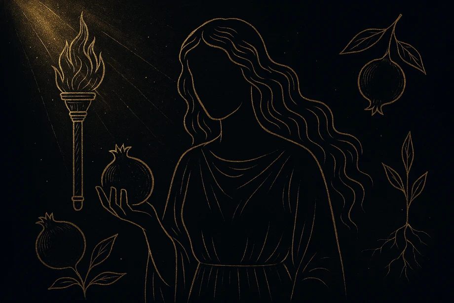 Persephone, The underworld, the seasons, transformation, alchemical engraving silhouette