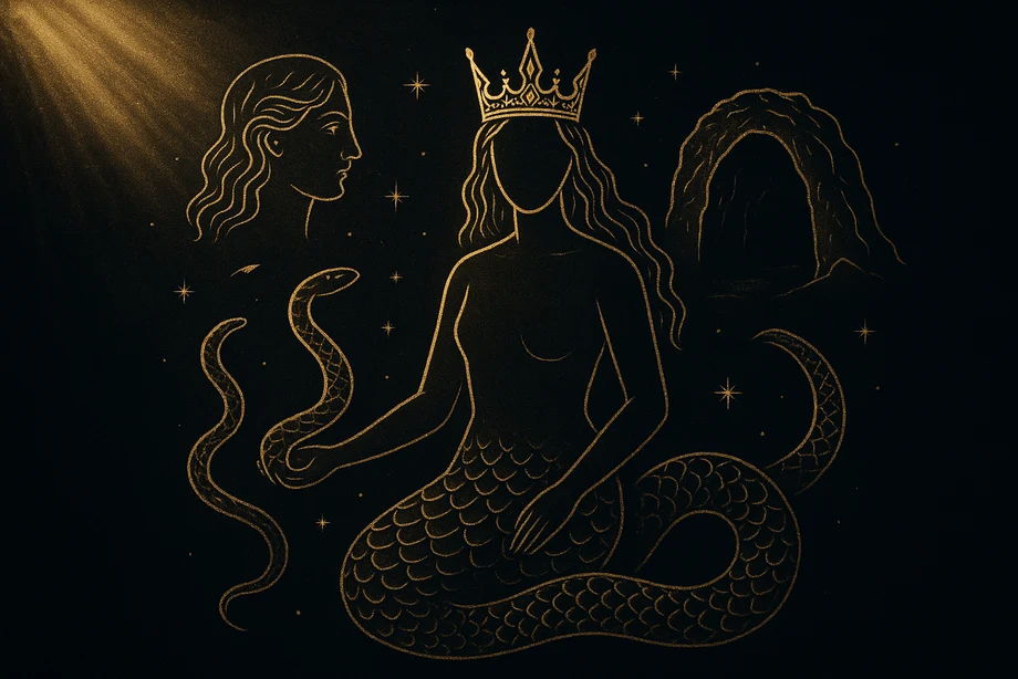 Shahmaran, Wisdom, healing, secret, alchemical engraving silhouette