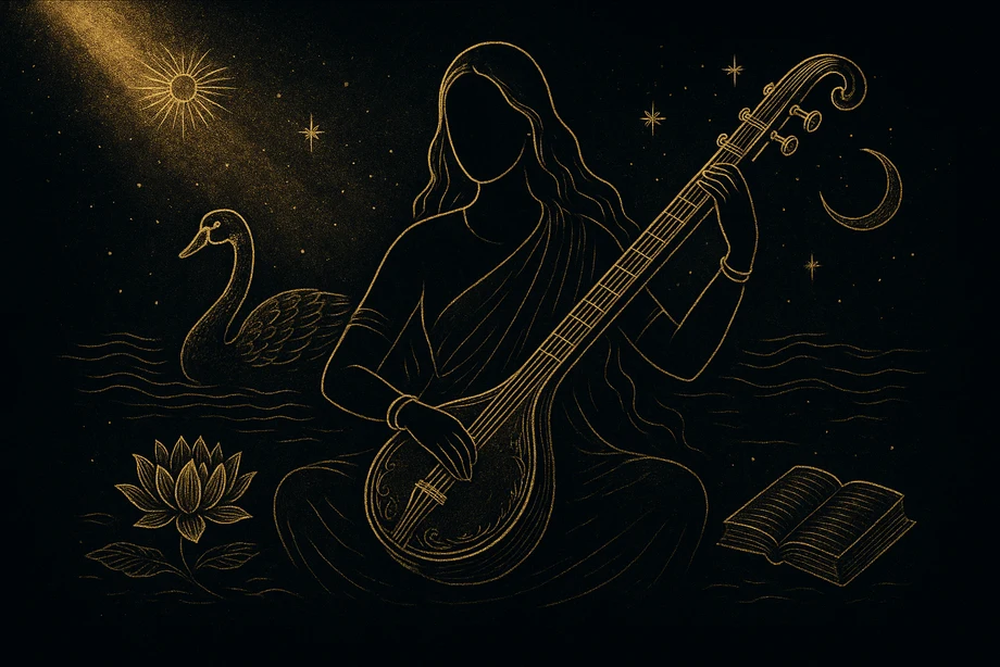 Saraswati, Knowledge, art, music, water, alchemical engraving silhouette
