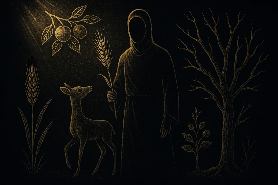 Telipinu, Agriculture, the seasons, loss and return, alchemical engraving silhouette