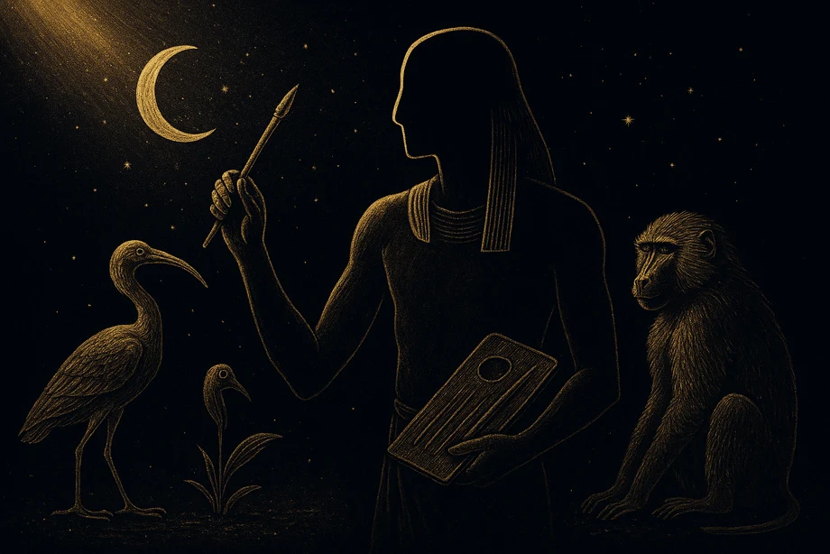 Thoth, Wisdom, writing, measure, the moon, alchemical engraving silhouette