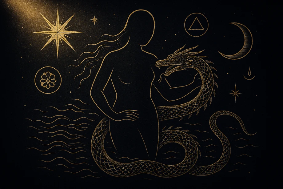Tiamat, The primordial sea, chaos, creation, alchemical engraving silhouette