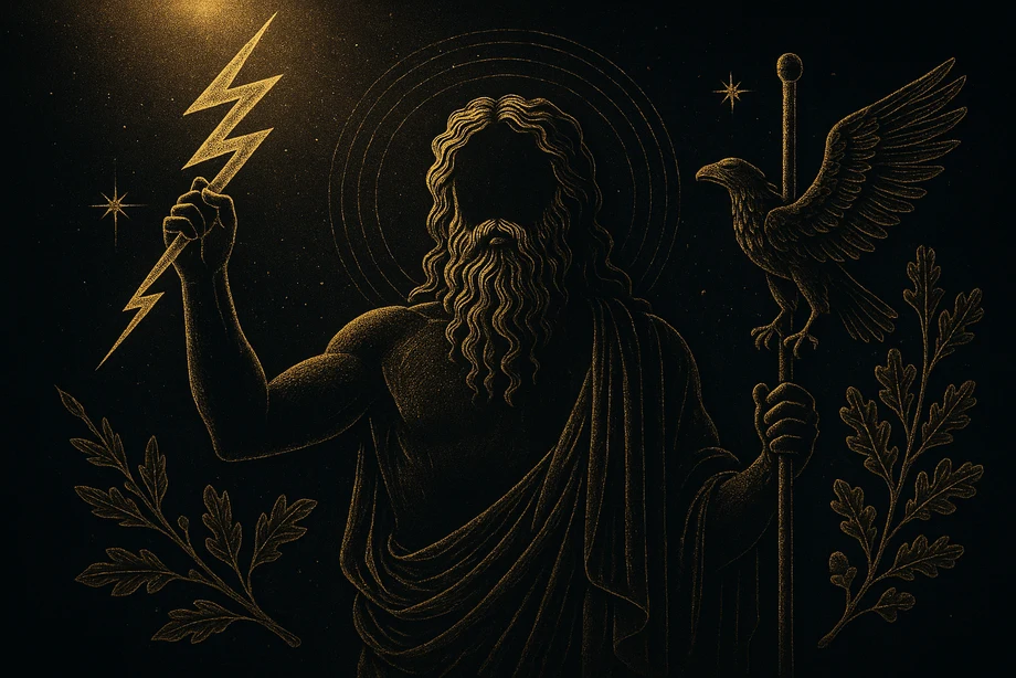 Zeus, Sky, lightning, cosmic order, alchemical engraving silhouette