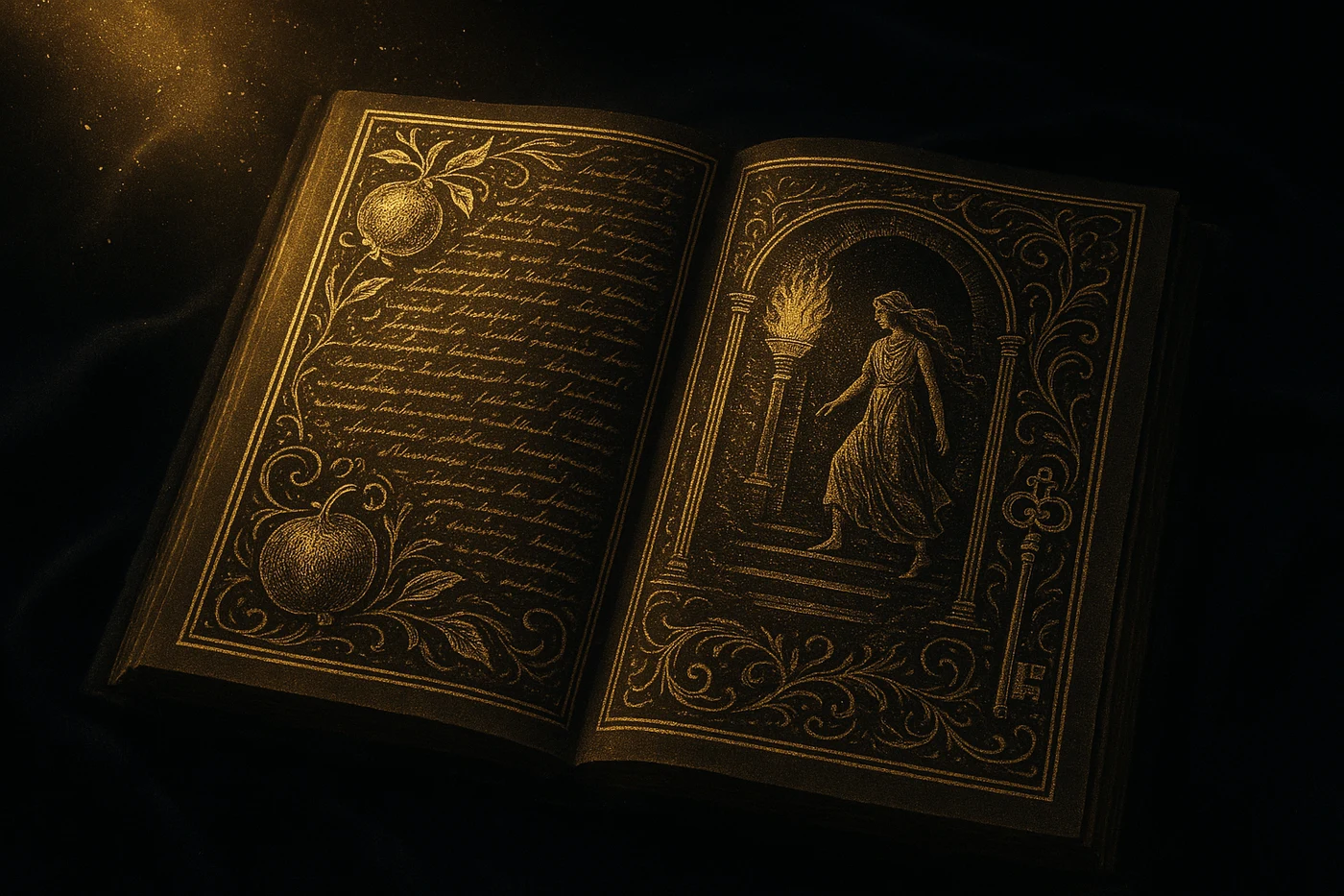 An open antique illuminated manuscript, an engraving of Persephone's descent, the story library