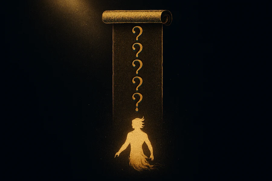 Eight golden question marks on an upright parchment with a luminous mythic figure silhouette below, a personality test