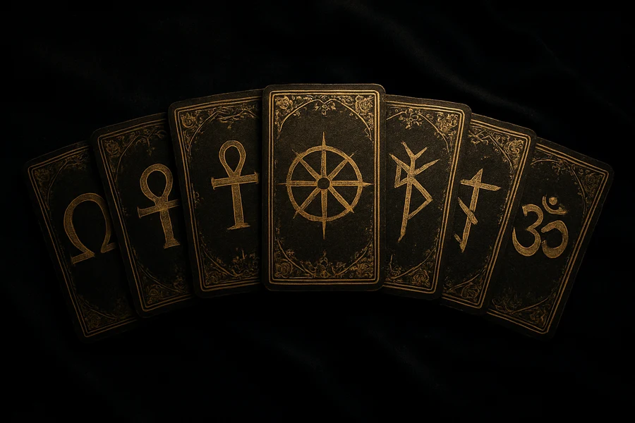 Mythic Arkana deck, mythic figure cards from seven pantheons fanned across velvet