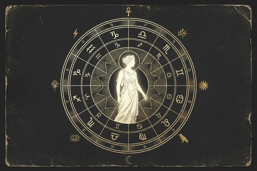 A luminous deity silhouette rising from a gold-lined birth chart wheel, gold-on-void engraving
