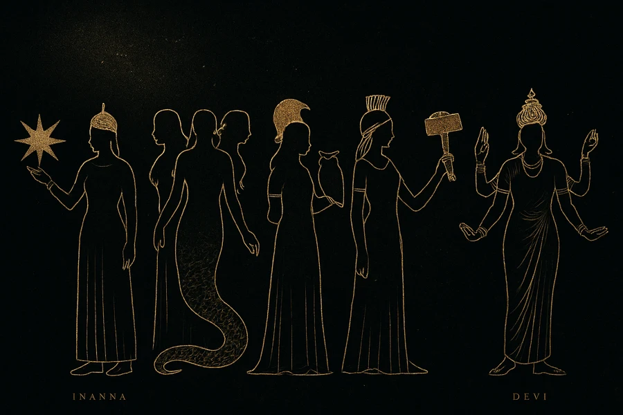 Mythic figure silhouettes from seven pantheons side by side, gold-on-void engraving, the atlas of gods