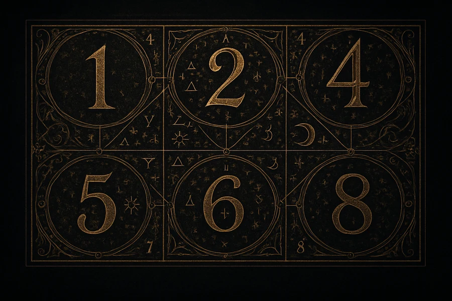 An illuminated alchemy table divided by eight numerological glyphs