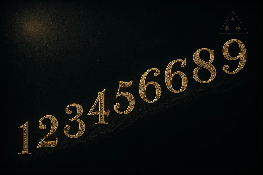 Nine luminous gold digits flowing diagonally, the opening of the life path
