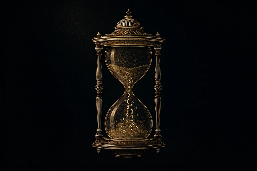 A gold hourglass with inwardly glowing digits flowing through it, the journey toward maturity