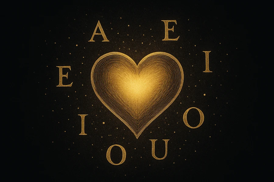A glowing gold heart with vowels drifting around it, the symbol of the soul's desire