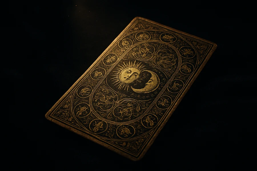 A single antique tarot card on velvet, gilded back