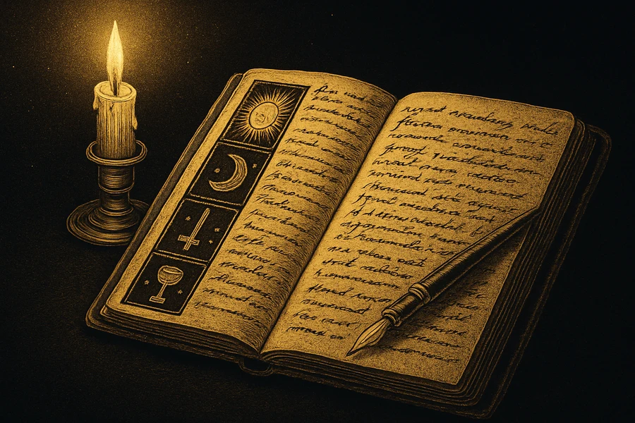 Antique leather-bound tarot journal, handwritten notes