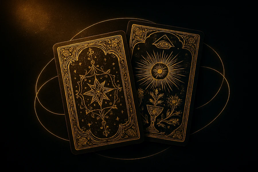 Two tarot cards side by side, golden connections