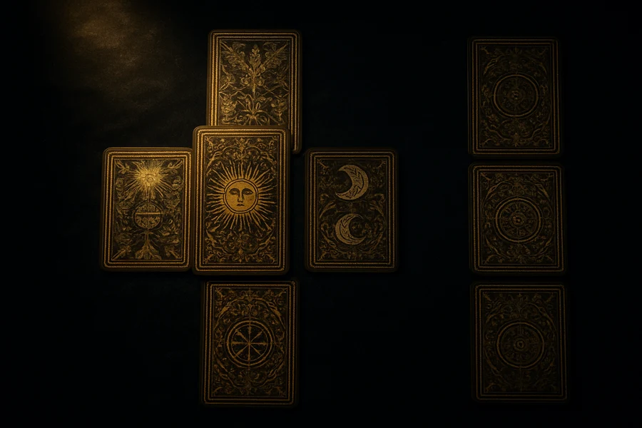 Ten card Celtic Cross spread, antique tarot
