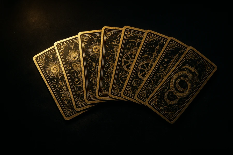 Antique tarot cards fanned out, the 78 card knowledge library