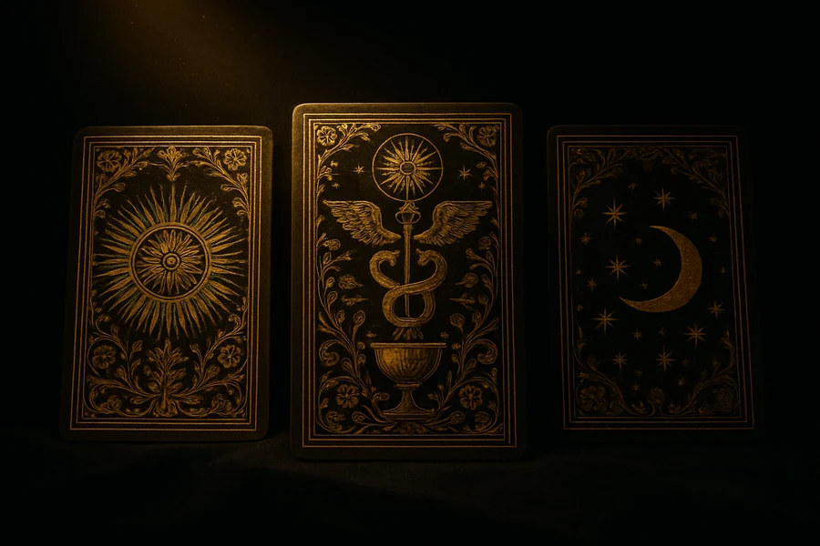 Three tarot cards side by side, past present future