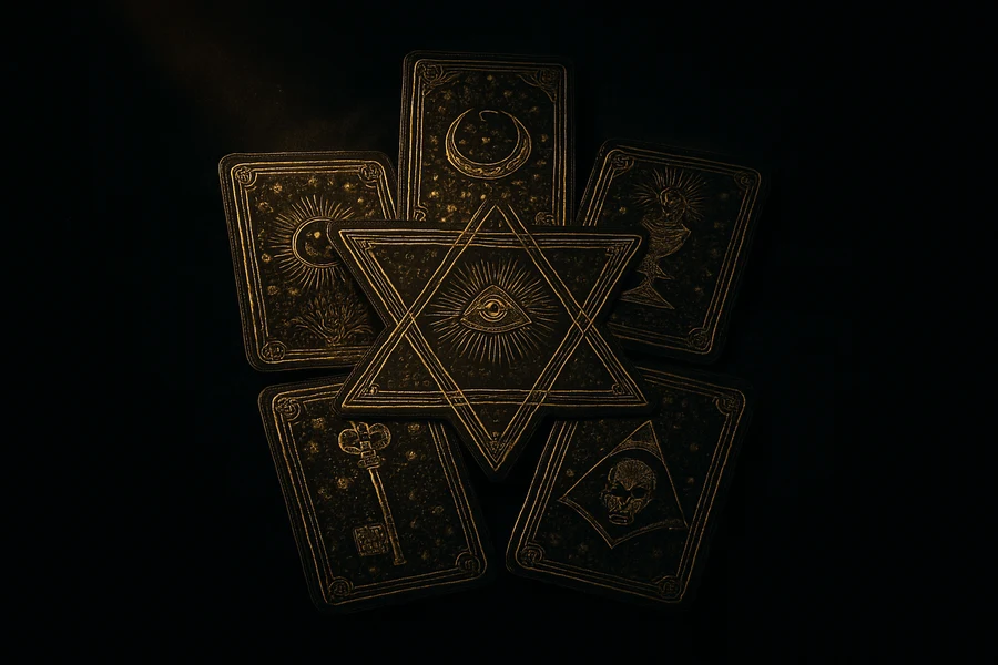 Six tarot cards in a six-pointed star pattern, hexagram spread