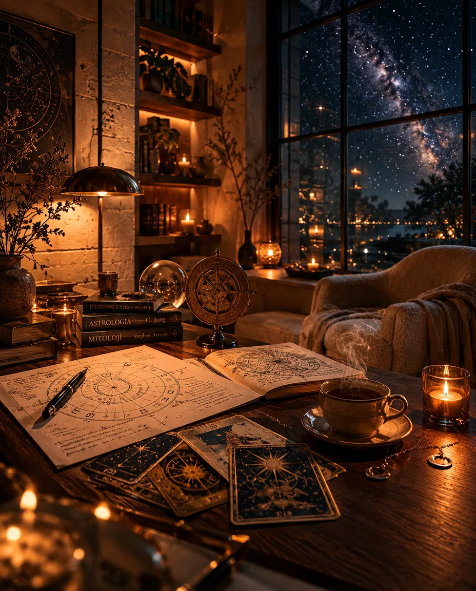 An ancient astronomer's table, an open star catalogue (zij), brass dividers and an astrolabe, constellation charts in candlelight