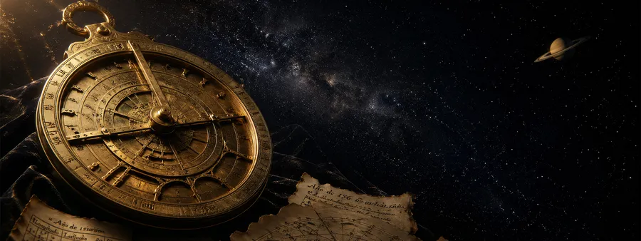 Antique brass astrolabe against the Milky Way and Saturn, the astrology wing of House of Zij