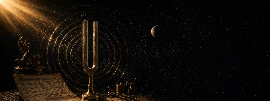 An antique brass tuning fork, golden sound waves spreading through a cosmic dark, the Audire wing of House of Zij