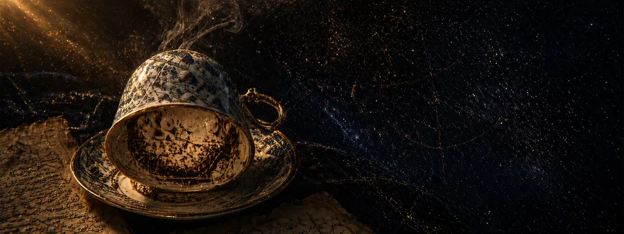An antique Turkish coffee cup turned upside down, symbols rising in the grounds, the coffee reading wing of House of Zij