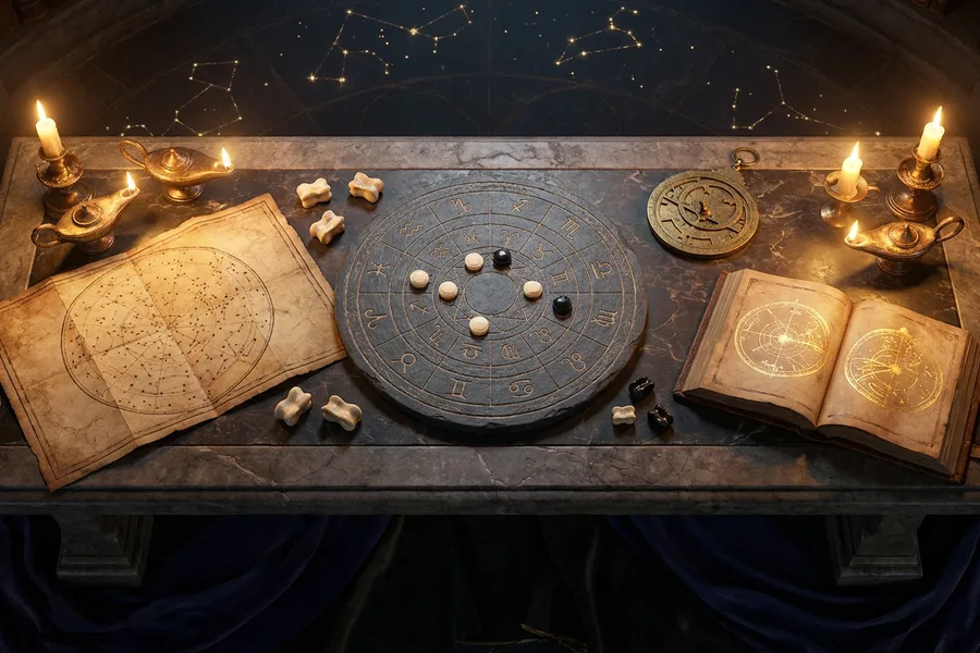 Gold-engraved cosmic game symbols, constellation maps and mystical board motifs, the House of Zij Mind Trials hall