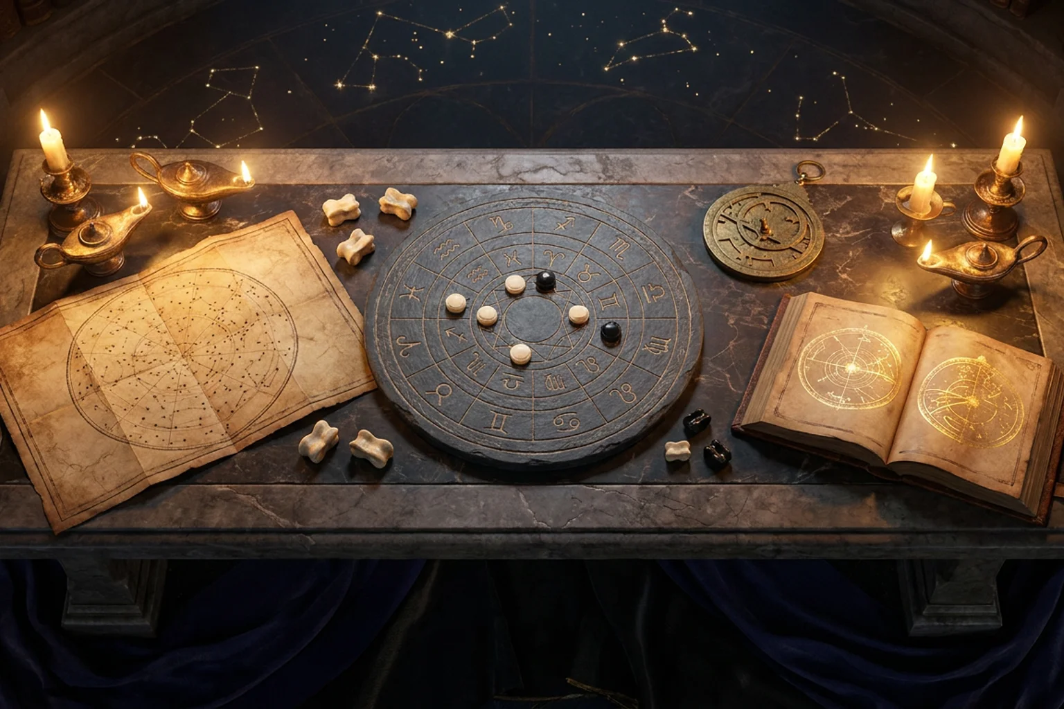 Mind Trials, mythology themed game pieces and zodiac symbols on a stone table by candlelight