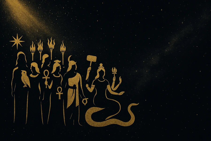 Antique gold-engraved mythic figure silhouettes and symbols, the House of Zij Mythos section