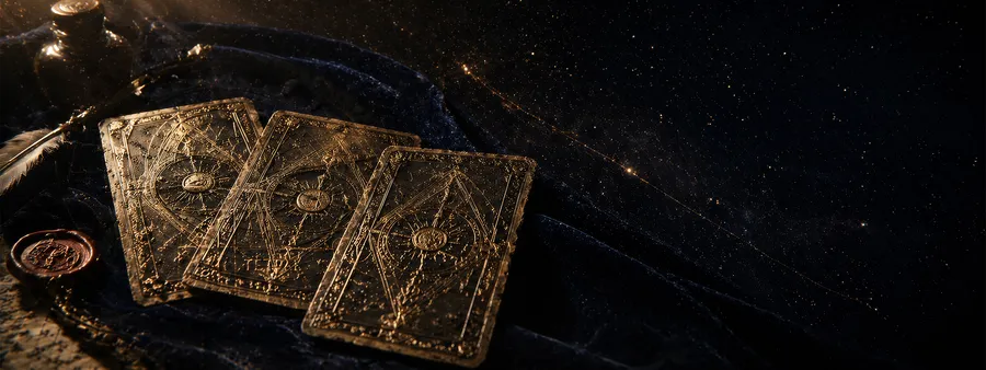 Three antique tarot cards on a velvet surface, gilded backs, the tarot wing of House of Zij