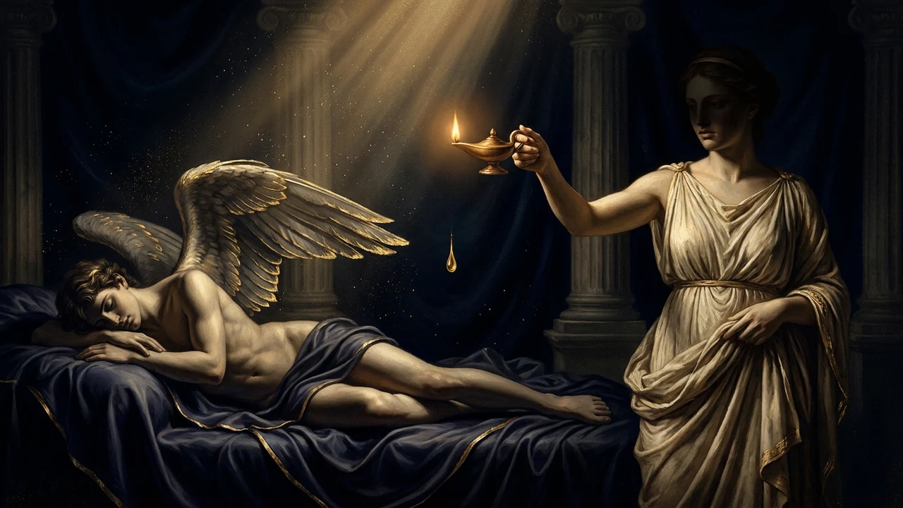 Psyche holding a lamp, Eros asleep, mythological engraving with gold leaf