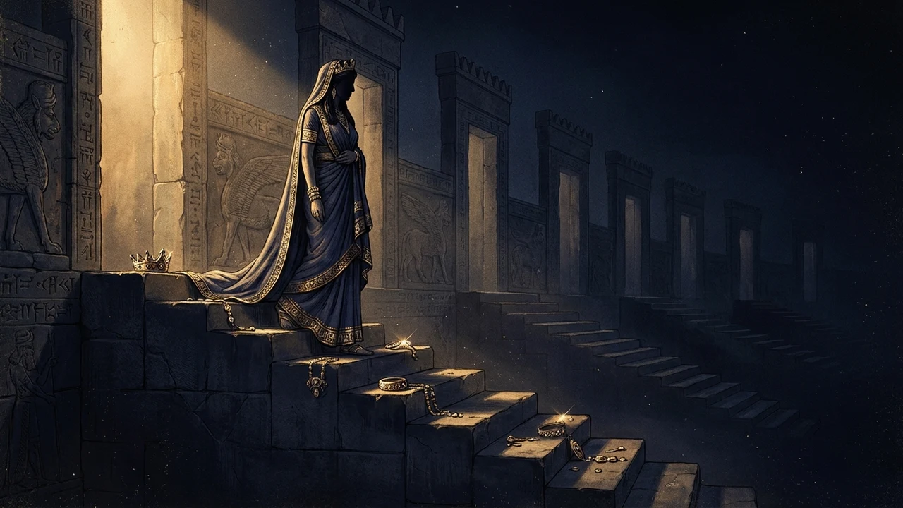 Inanna, crown and jewels, seven gates, Sumerian relief with gold leaf