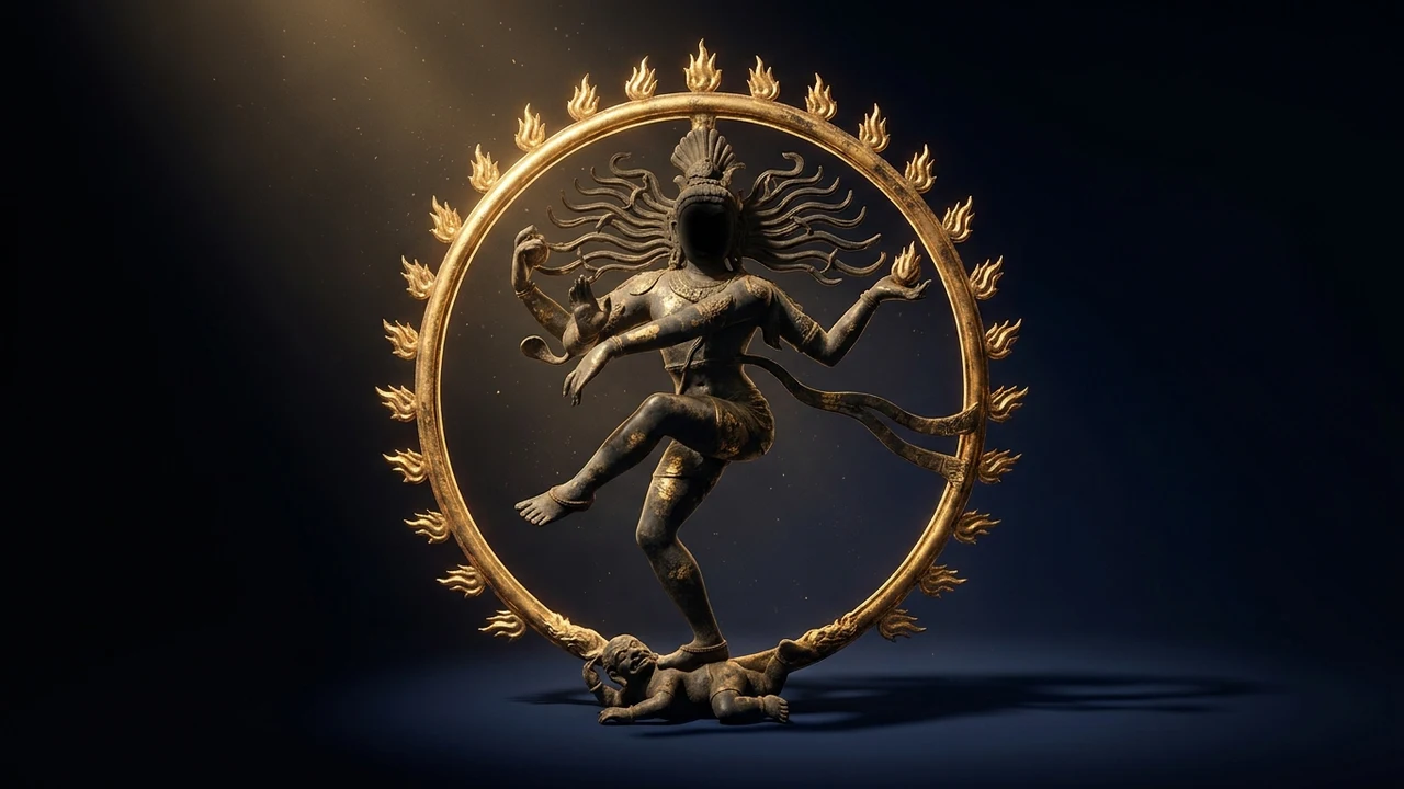 Shiva Nataraja, the dancing god, ring of flame, bronze statue with gold leaf