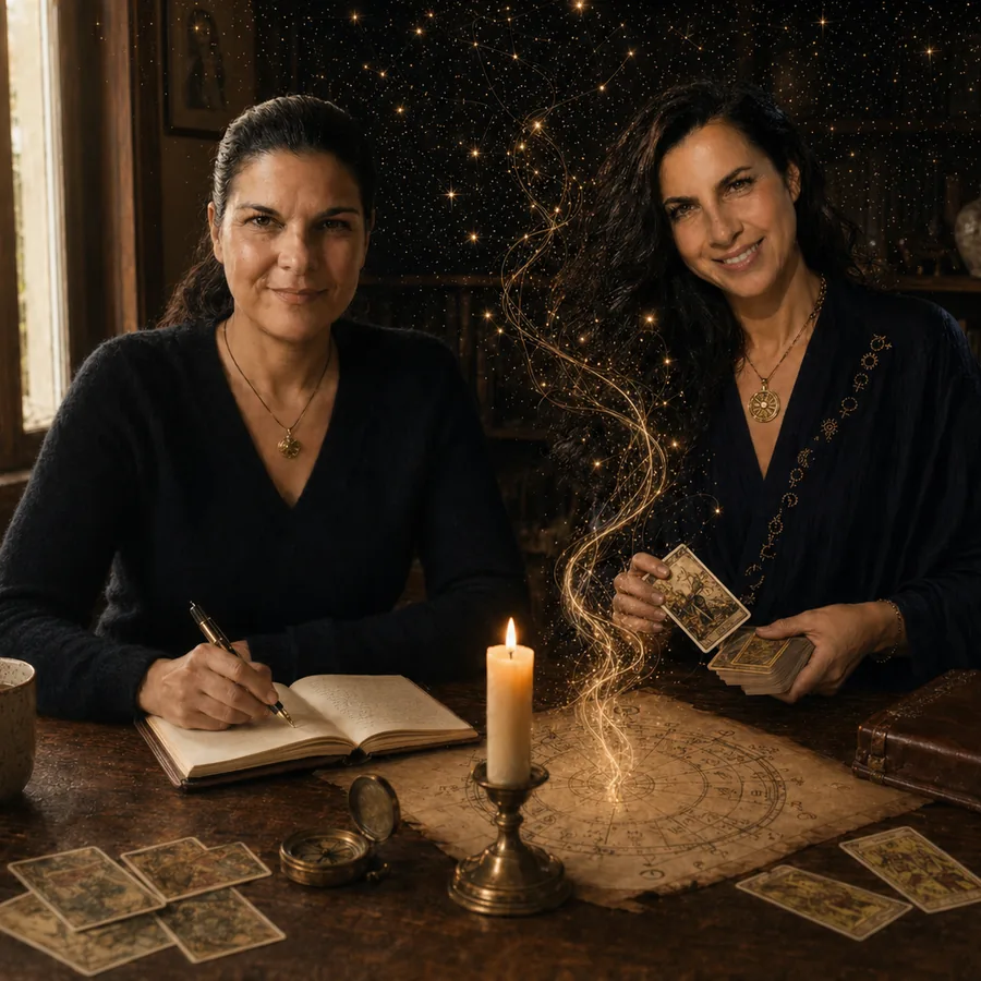 Özge and Deniz at the table, Claudy rising between them in a weave of gold